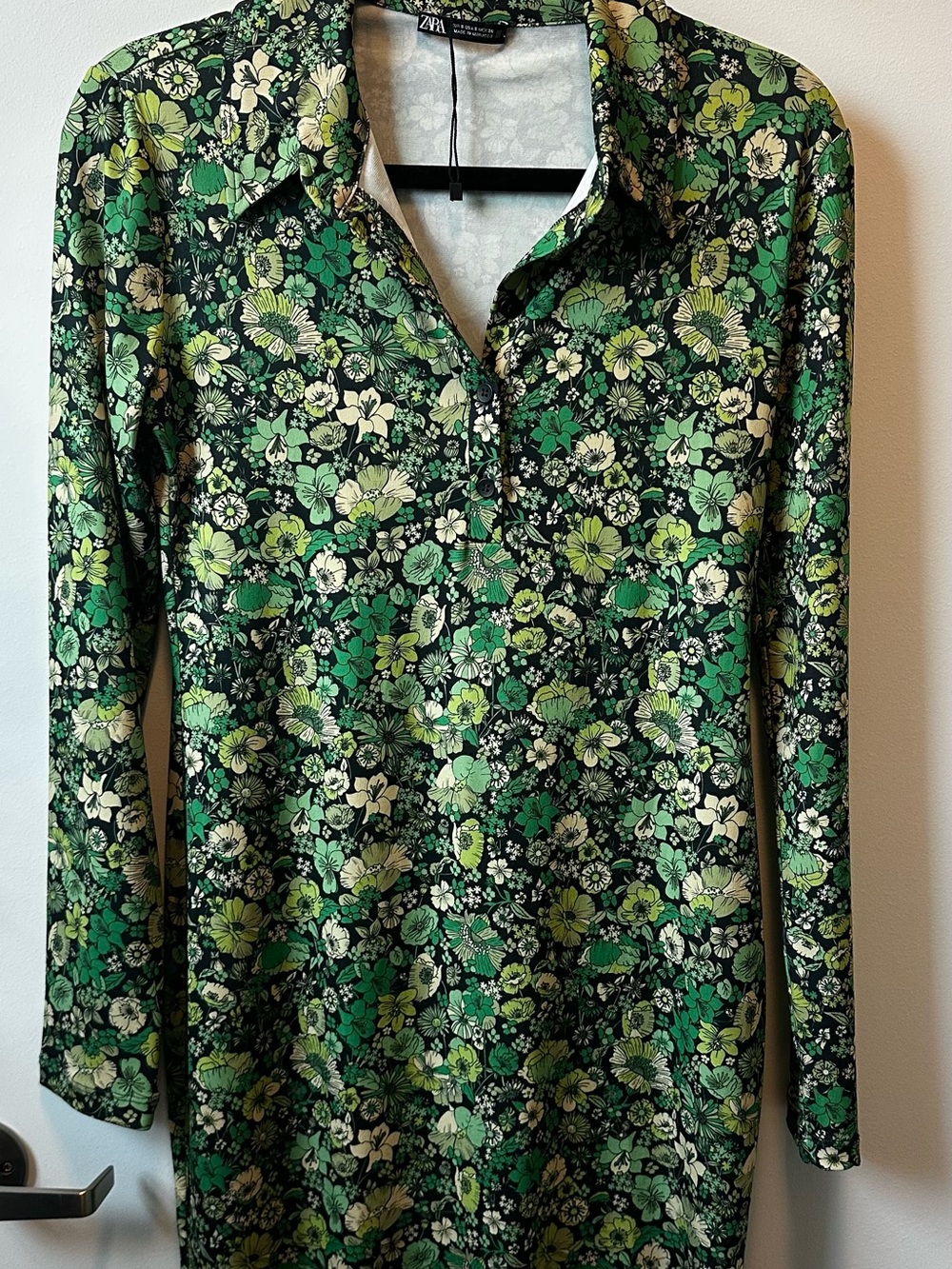 Zara Green Floral Long Sleeve Shirt Dress Size Small
